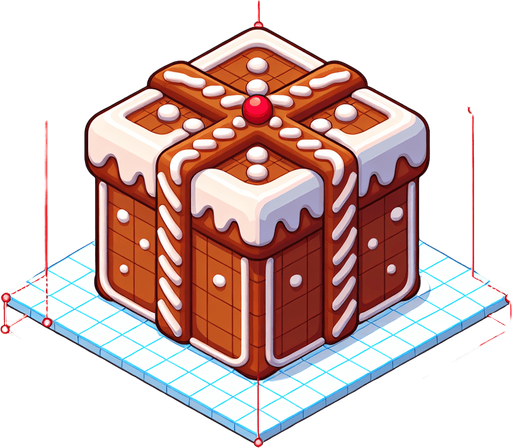A big gingerbread christmas gift, isometric view Single Game Texture. In-Game asset. 2d. Blank background. High contrast. No shadows.