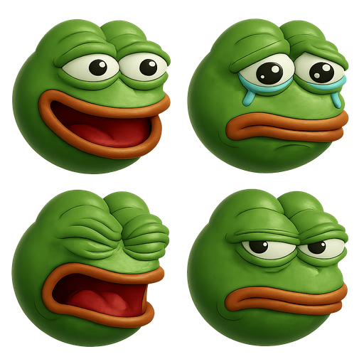 sprite sheet of Pepe the frog meme face with various exagerated facial expressions. each face shaped as a round marble shaped face made in blender 3D. arrange faces in a 2 by 2 grid