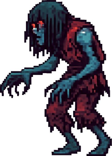 Create a pixel-art monster character inspired by Turkish folklore, specifically "Gulyabani" – a tall, lanky, ghostly creature with pale, bluish-gray skin, long tangled hair covering parts of its face, and glowing red eyes. It should wear torn Ottoman-style rags, with long sharp fingers and a hunched back. Its movement should look floaty and eerie. Style should match 2D retro horror games. Transparent background PNG, facing left side, idle stance..
In-Game asset.  2d.  High contrast.  No shadows