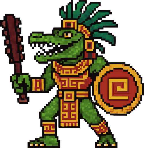 Generame un guerrero azteca con patrones, estilo pixelar, ademas sera un Caimán llanero humanoide..
In-Game asset.  2d.  High contrast.  No shadows