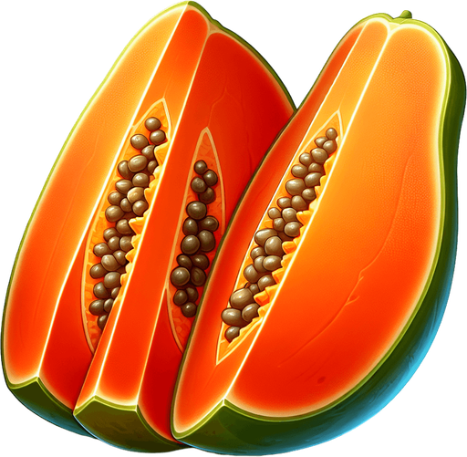 sliced fruit papaya with two slices 1one left and one right.
Single Game Texture.  In-Game asset.  2d.  Blank background.  High contrast.  No shadows