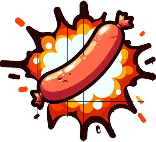 An exploding sausage.
Single Game Texture. In-Game asset. 2d. Blank background. High contrast. No shadows.