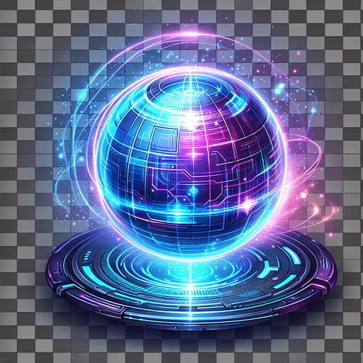 A glowing neon energy orb, futuristic collectible, electric blue and violet gradients, soft light emission, metallic core, floating in mid-air over a digital grid, emitting holographic particles, synthwave cyberpunk aesthetic, ultra-high definition, transparent background..
Single Game Texture.  In-Game asset.  2d.  Blank background.  High contrast.  No shadows