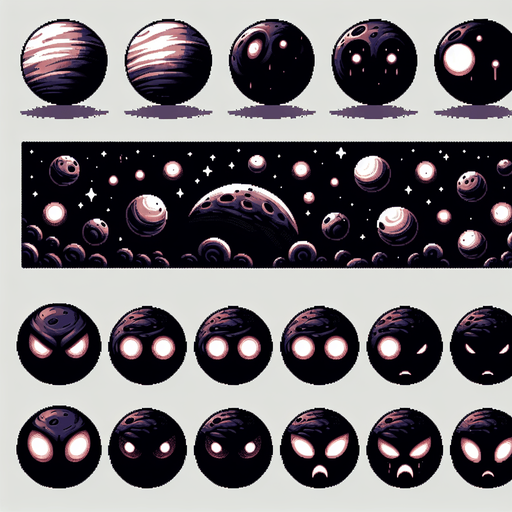 A sprite sheet of evil dark and dangerous looking planets with their eyes closed and their eyes open..
Single Game Texture. In-Game asset. 2d. Blank background. High contrast. No shadows.