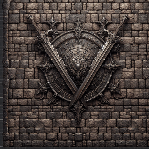brick wall with shield and swords hanging in the middle of it..
Single Game Texture.  In-Game asset.  2d.  Blank background.  High contrast.  No shadows