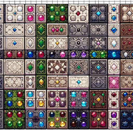 A spritesheet with different mystical floor tiles from a magical realm, each inlaid with bright gemstones of different colors. The tiles should be in the same basic style, with either a granite or other rock basis beneath the gemstones. The spriteshett should be laid out in a rectangular grid with empty space between each tile. The following colors of gemstones must be present: white, pink, green, red, blue, yellow, purple, brown, gray and orange.
Single Game Texture. In-Game asset. 2d. Blank background. High contrast. No shadows.