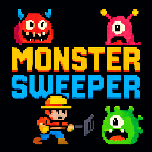 Retro pixel style from arcade. Title that reads: Monster Sweeper.
In-Game asset.  2d.  High contrast.  No shadows