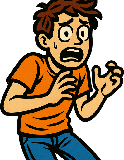 korkmuş turuncu tişörtlü mavi pantolonlu genç bir insan.
In-Game asset.  2d.  High contrast.  No shadows
