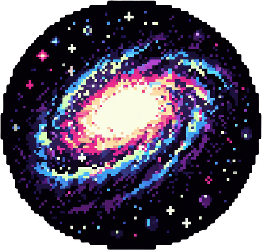 Galaxy pixelart in black background
Single Game Texture. In-Game asset. 2d. Blank background. High contrast. No shadows.