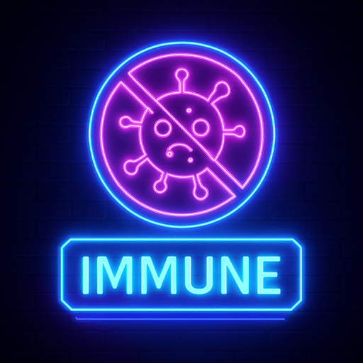 neon cyberpunk glowing IMMUNE button blue pink futuristic videogame hologram a crossed circle with cartoon microbe