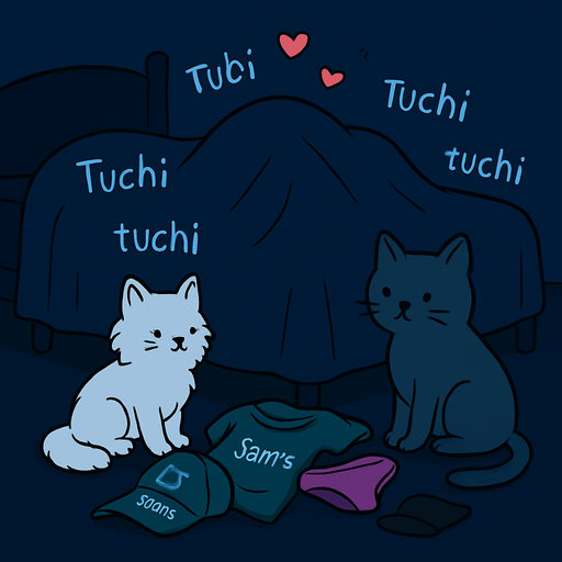 Los gatitos estan separados, sus dueños estan debajo de las sabanas tapados, los corazones deben estar arriba de la silueta en la cama, y los textos de tuchi tuchi igual.

eS UNA ESCENA ALGO MORBOSA pero no se ve nada, que la figura en las sabanas abarque gran parte de la cama