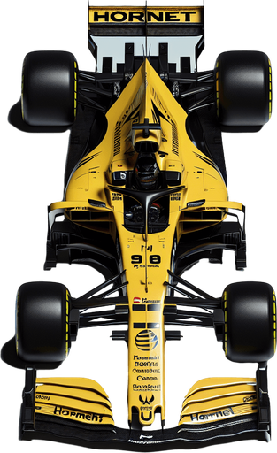 F1 race car from 2001. Yellow body with black sponsors and hornet logos with MasterCard sponsor. TOP VIEW!.
Single Game Texture. In-Game asset. 2d. Blank background. High contrast. No shadows.