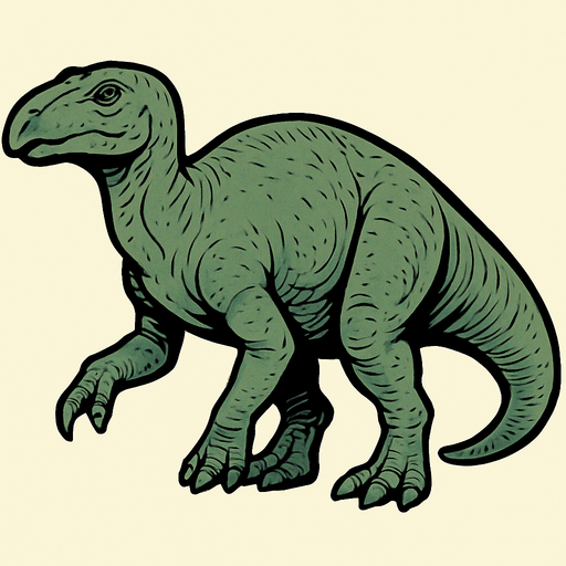 A medium-sized Iguanodon dinosaur with smooth greenish-gray scales covering its bulky body. It has a distinctive thumb spike on its front limbs. The head is elongated with gentle eyes and a blunt snout. The skin texture is rough with visible scales and wrinkles..
In-Game asset.  2d.  High contrast.  No shadows