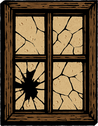 çamı kırılmış olarak gözüken eski vintage pencere.
In-Game asset.  2d.  High contrast.  No shadows