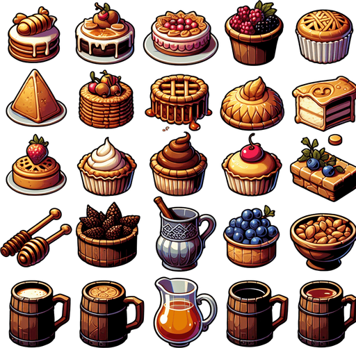 A spritesheet full of different delicious medieval cakes and snacks and beverages..
Single Game Texture. In-Game asset. 2d. Blank background. High contrast. No shadows.