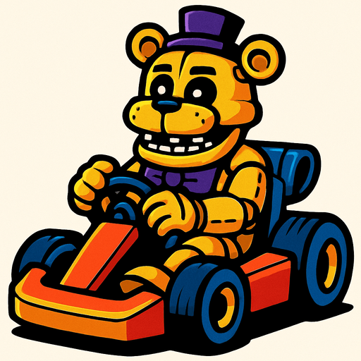 Un oso dorado animatronico en un kart.
In-Game asset.  High contrast.  No shadows