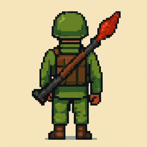 Militar de espalda, derecho , rpg, pixelart.
In-Game asset.  2d.  High contrast.  No shadows
