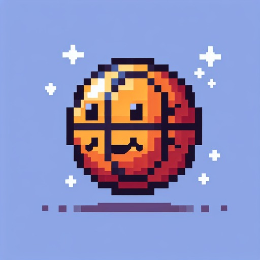 pixel art basketball with a smiley face looking left.
Single Game Texture. In-Game asset. 2d. Blank background. High contrast. No shadows.