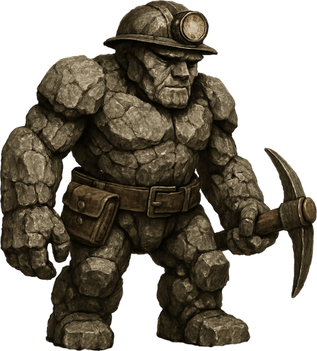 un golem de piedra que parezca un minero y que se vea ultra realista.
In-Game asset.  2d.  High contrast.  No shadows