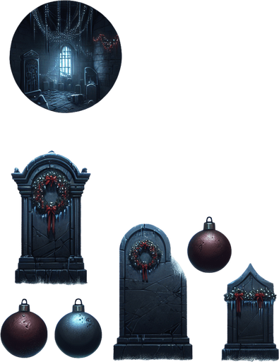 Eerie Christmas-inspired crypt room similar to a resident evil room
Single Game Texture. In-Game asset. 2d. Blank background. High contrast. No shadows.