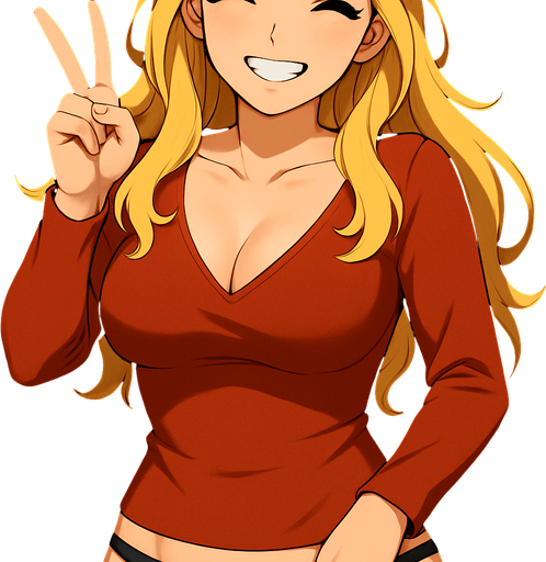 same photo but make a victory sign with her hand and smile