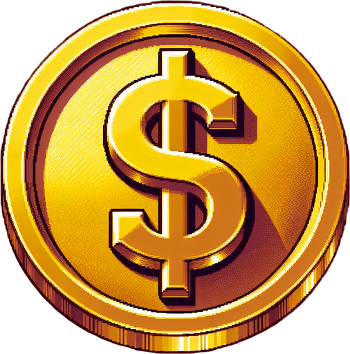 gold coin, $ sign on it, snes art.
Single Game Texture.  In-Game asset.  2d.  Blank background.  High contrast.  No shadows