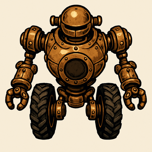 robot estilo steampunk visto desde arriba totalmente no desde el frente con llantas.
In-Game asset.  2d.  High contrast.  No shadows. vistasuperior