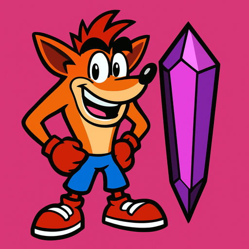 Crash bandicoot,crystal,purple,pink.
In-Game asset.  2d.  High contrast.  No shadows