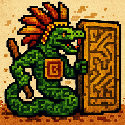 Generame un guerrero azteca con patrones, estilo pixelar, además será un animal Anaconda verde, con efectos de tierra, cargando un gran escudo o muro..
In-Game asset.  2d.  High contrast.  No shadows