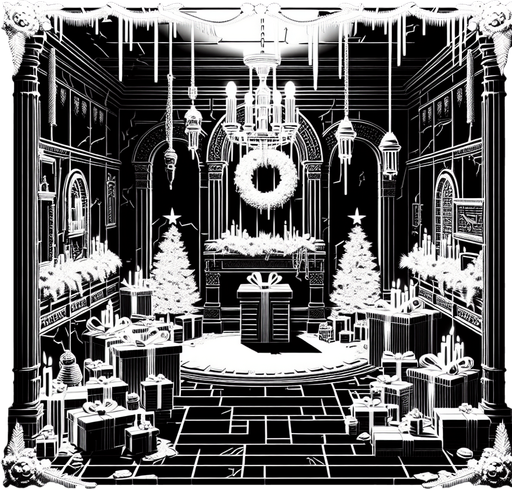 Eerie Christmas-inspired crypt room similar to a resident evil room
Single Game Texture. In-Game asset. 2d. Blank background. High contrast. No shadows.