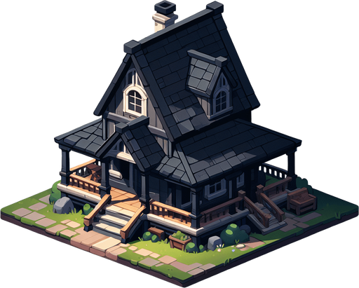 A house.
Single Game Texture.  In-Game asset.  2d.  Blank background.  High contrast.  No shadows