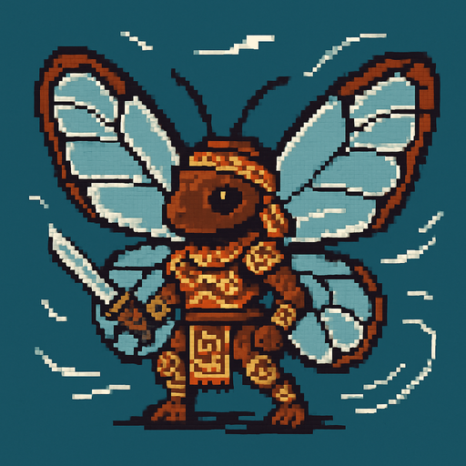 Generame un guerrero azteca con patrones, estilo pixelar, además será una Mariposa alas de vidrio (Greta oto), unidad voladora con alas, con efectos de viento. Tiene que ser un animal..
In-Game asset.  2d.  High contrast.  No shadows