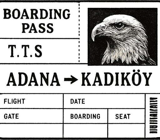 Bir uçak bileti oluştur . Yolcunun adı T.T.S olsun . Uçak bileti siyah beyaz olsun . Ucağın rotası Adana -> Kadıköy olsun . Yolcunun fotosu kartal olsun . retro temada olsun ..
In-Game asset.  2d.  High contrast.  No shadows