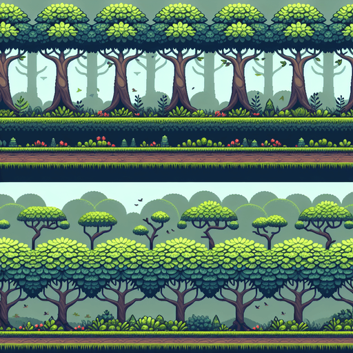 A repeating background tree layer for an endless runner.
Single Game Texture. In-Game asset. 2d. Blank background. High contrast. No shadows.