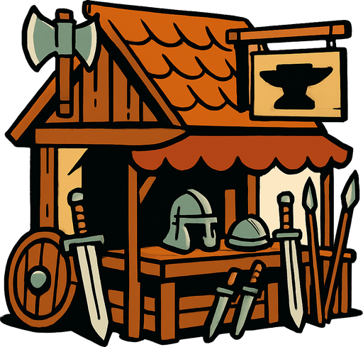 Eski çağ savaş malzemesi dükkanı.
In-Game asset.  2d.  High contrast.  No shadows