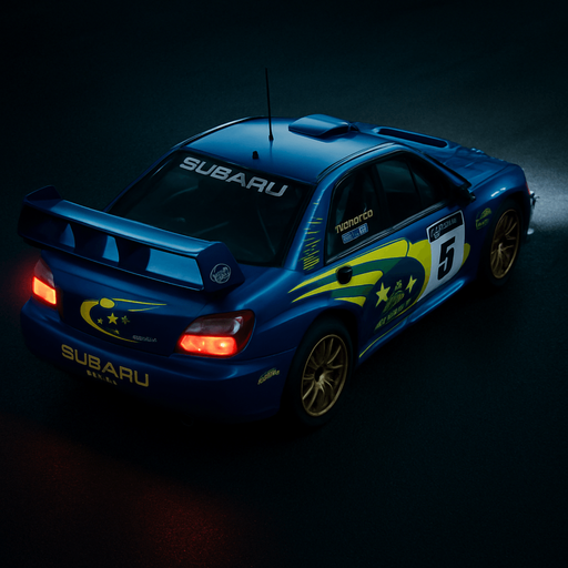 Photorealistic Subaru Impreza WRC in nightlight, drone topview from back and 45 degrees angle in top right corner