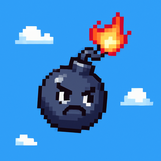 La bomba debe tener un diseño caricaturesco, en forma de esfera negra o gris oscuro con un brillo suave, una mecha encendida con fuego animado en la punta, y si es posible, una carita enojada o con expresión divertida; su estilo debe pixel art limpio, con líneas simples y colores llamativos para que resalte bien contra el fondo del cielo, y debe tener un ligero giro o movimiento mientras cae para darle vida..
In-Game asset.  2d.  High contrast.  No shadows