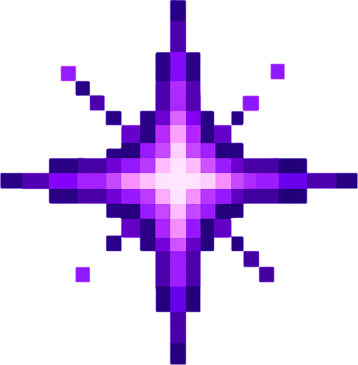 Genera una imagen de un destello brillante morado pixel.
In-Game asset.  2d.  High contrast.  No shadows