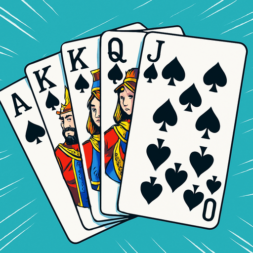 A fanned card hand that shows a royal flush in spades. Anime style.
In-Game asset.  2d.  High contrast.  No shadows