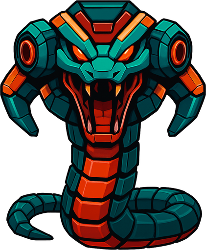 different big cyber snake Robot enemy from the front side facing camera. HD colors. separated
In-Game asset.  2d.  High contrast.  No shadows