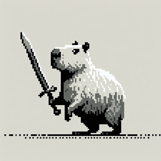 Capibara con una espada y pixelado.
Single Game Texture.  In-Game asset.  2d.  Blank background.  High contrast.  No shadows