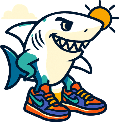 shark with nikes on the beach.
In-Game asset.  2d.  High contrast.  No shadows