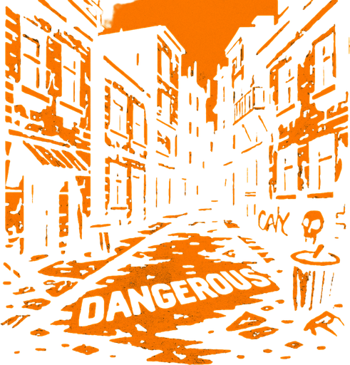 una calle de una ciudad peligrosa con edificios viejos en la parte de arriba.
In-Game asset.  2d.  High contrast.  No shadows