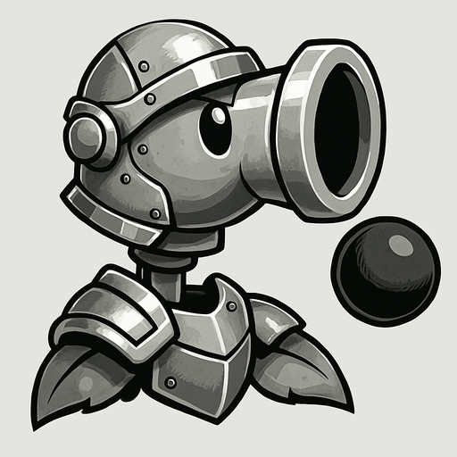 Make a peashooter that with gray armor and looks like it shoot cannon balls.
In-Game asset.  2d.  High contrast.  No shadows