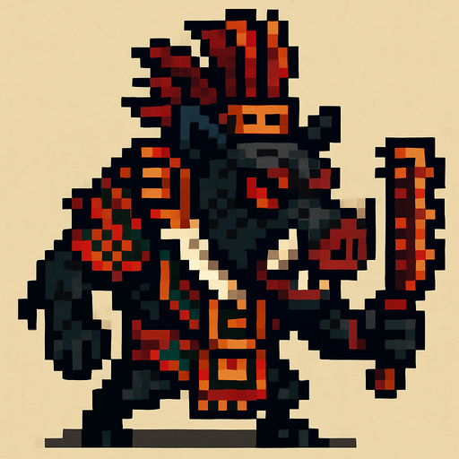 Genérame una Pecari de collar guerrero azteca con eso patrones, estilo pixelar, con una apariencia maligna, ojos rojos, rabioso. Unidad cuerpo a cuerpo.
In-Game asset.  2d.  High contrast.  No shadows
