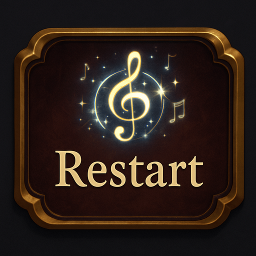 Design a stylish "Restart" button for a fantasy-themed tower defense game called Symphony Siege. The button should look like a polished UI element with a musical theme, fitting the visual style of a haunted concert hall.

Shape: rounded rectangle or ornate frame, with golden or bronze edges and a subtle wood or velvet texture background.

Icon: a circular restart arrow symbol (⟳ or similar), stylized like a treble clef or musical motif, glowing softly in white, gold, or blue.

Optional details: faint floating music notes, light reflections, or sparkles around the icon to suggest magical energy.

Text (optional): include the word "Restart" in elegant serif font, or leave it icon-only.

Make sure the design is readable at small sizes and fits with the existing UI style (clean, magical, classical). No clutter, no background image — just the button asset..
In-Game asset.  2d.  High contrast.  No shadows