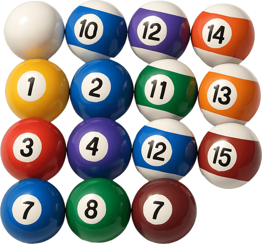 16 ball of billiard, 3D colors, 3d texture, HD colors.
In-Game asset.  High contrast.  No shadows. 3D