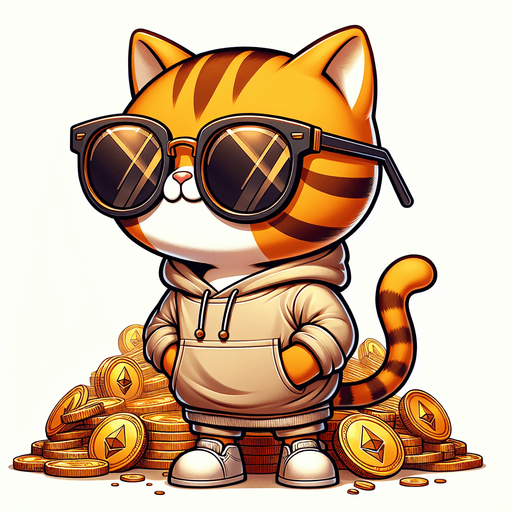 The character in the image, a delightful cartoon-style orange tabby cat adorned with noticeable stripes, finds itself in an intriguing new setting. It has a round face, concealed behind a pair of oversized, round, dark opaque sunglasses, giving it a look of cool curiosity. In a departure from its usual relaxed posture, the cat now stands majestically atop a vast pile of Ethereum tokens, its body small and chubby against the backdrop of digital wealth. Clad in its simple, light-colored hoodie with a drawstring, the cat appears both out of place and perfectly at home on this crypto mountain. Its paws are visible in front, slightly adjusted to maintain balance, while it surveys its surroundings with a playful whimsy. This unique scenario, mixing the cat's casual mascot charm with the world of cryptocurrency, perfectly suits a character in a children's book, introducing young readers to the concept of digital currencies in a fun and imaginative way..
Single Game Texture. In-Game asset. 2d. Blank background. High contrast. No shadows.
