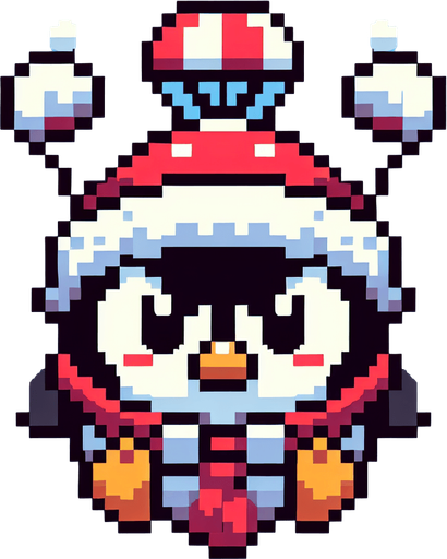 cute chubby angry parachuting penguin wearing a santa hat. pixelated. 8 bit. Single Game Texture. In-Game asset. 2d. Blank background. High contrast. No shadows.