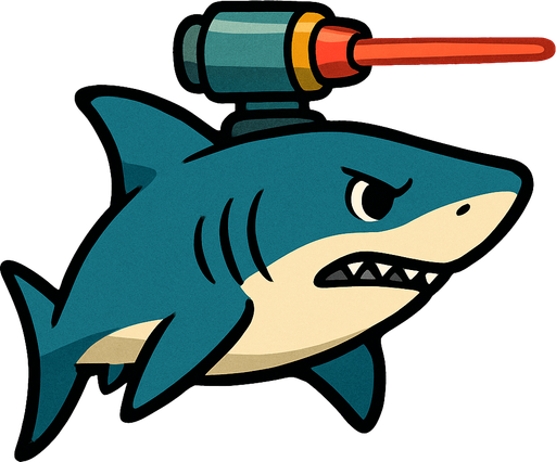 Shark with lasergun on his head, sideview, ghibli style.
In-Game asset.  2d.  High contrast.  No shadows